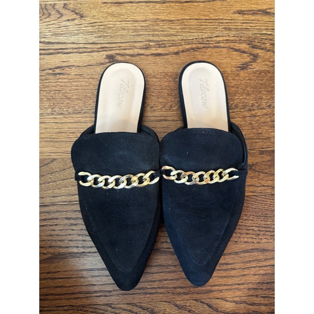 Tilocow Black Suede Pointed Toe Mules Gold‎ Chain Detail Women's Slip On 8.5